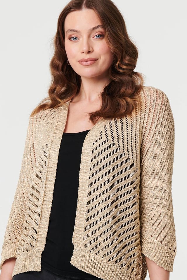 Izabel London Izabel London Women's Chevron Texture Mesh 1/2 Sleeve Cardigan in Metallic Silver - 2