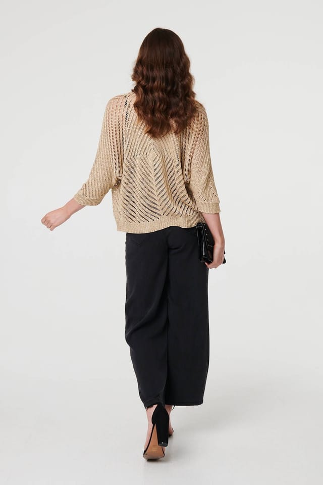 Izabel London Izabel London Women's Chevron Texture Mesh 1/2 Sleeve Cardigan in Metallic Silver - 3