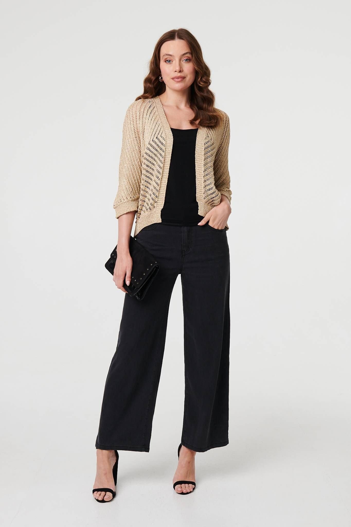 Izabel London Izabel London Women's Chevron Texture Mesh 1/2 Sleeve Cardigan in Metallic Silver - 4