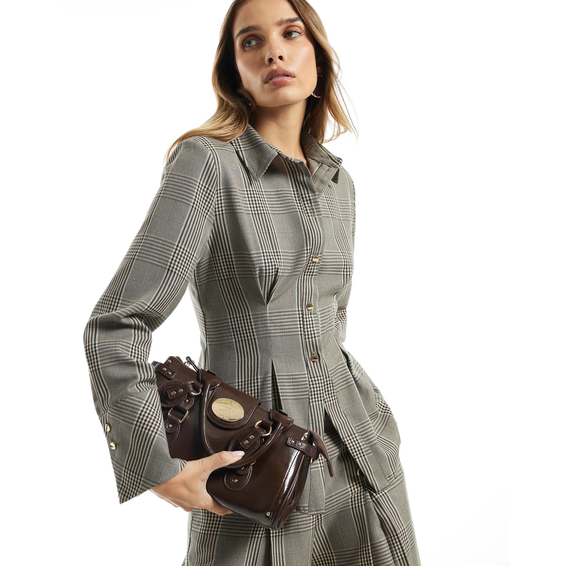 River Island River Island Womens Brown Check Cinch Waist Long Sleeve Shirt