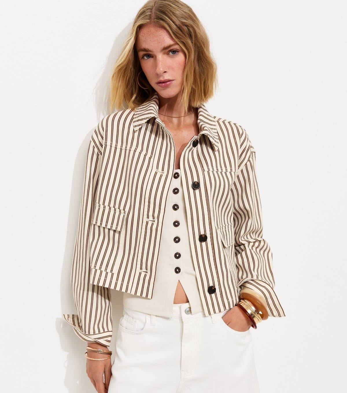 New Look Women's Brown Cotton Striped Shacket New Look