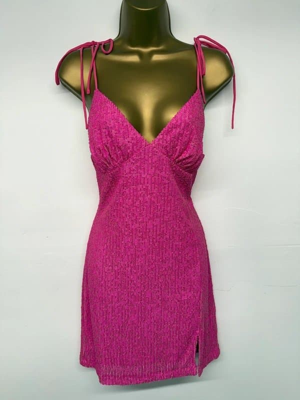 Topshop Topshop Mini Dress Hot Pink Sequin Embellished Cami Strap V Neck UK 10