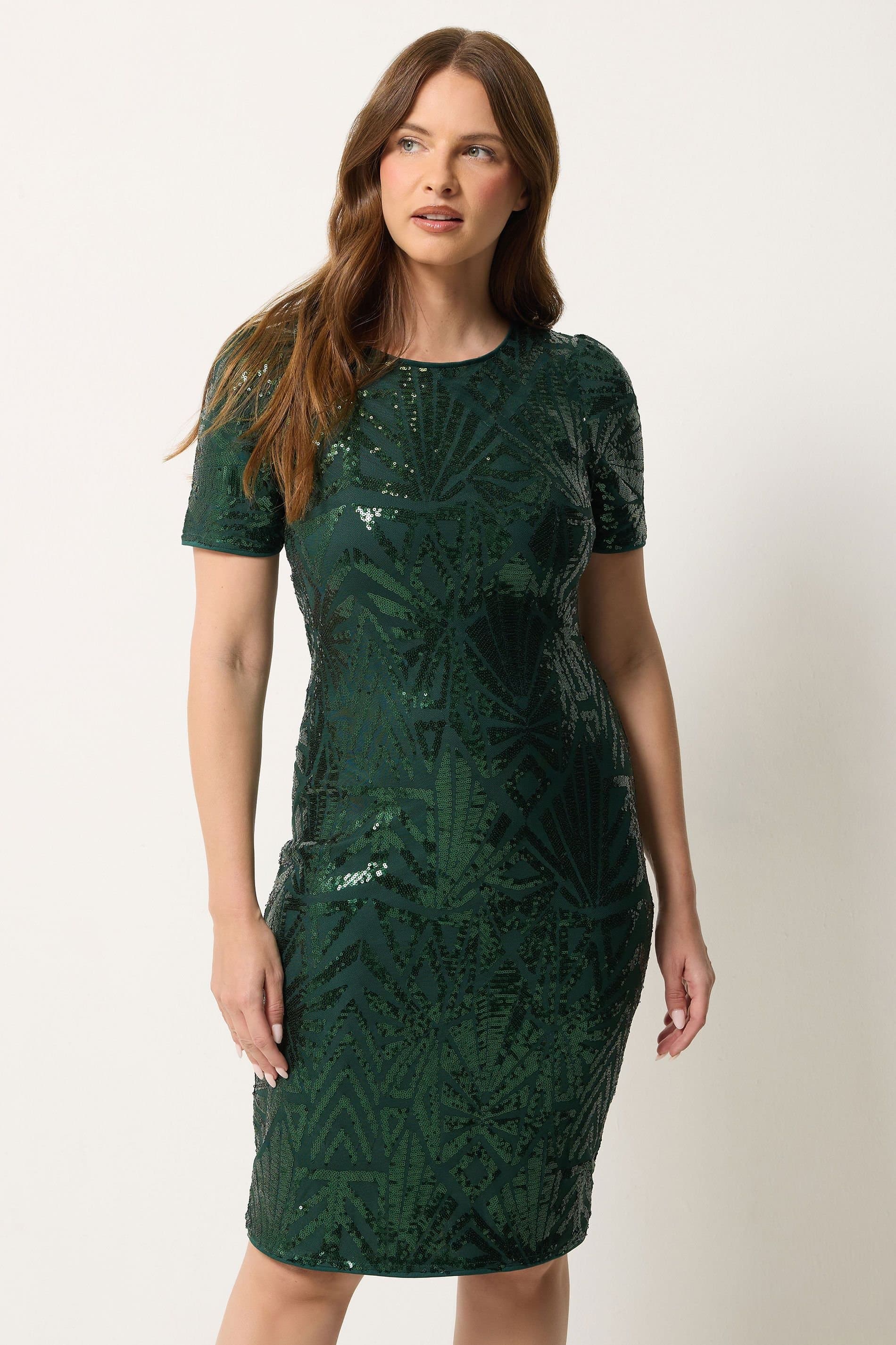 M&Co M&Co Women's Abstract Sequin Embellished Shift Dress in Dark Green