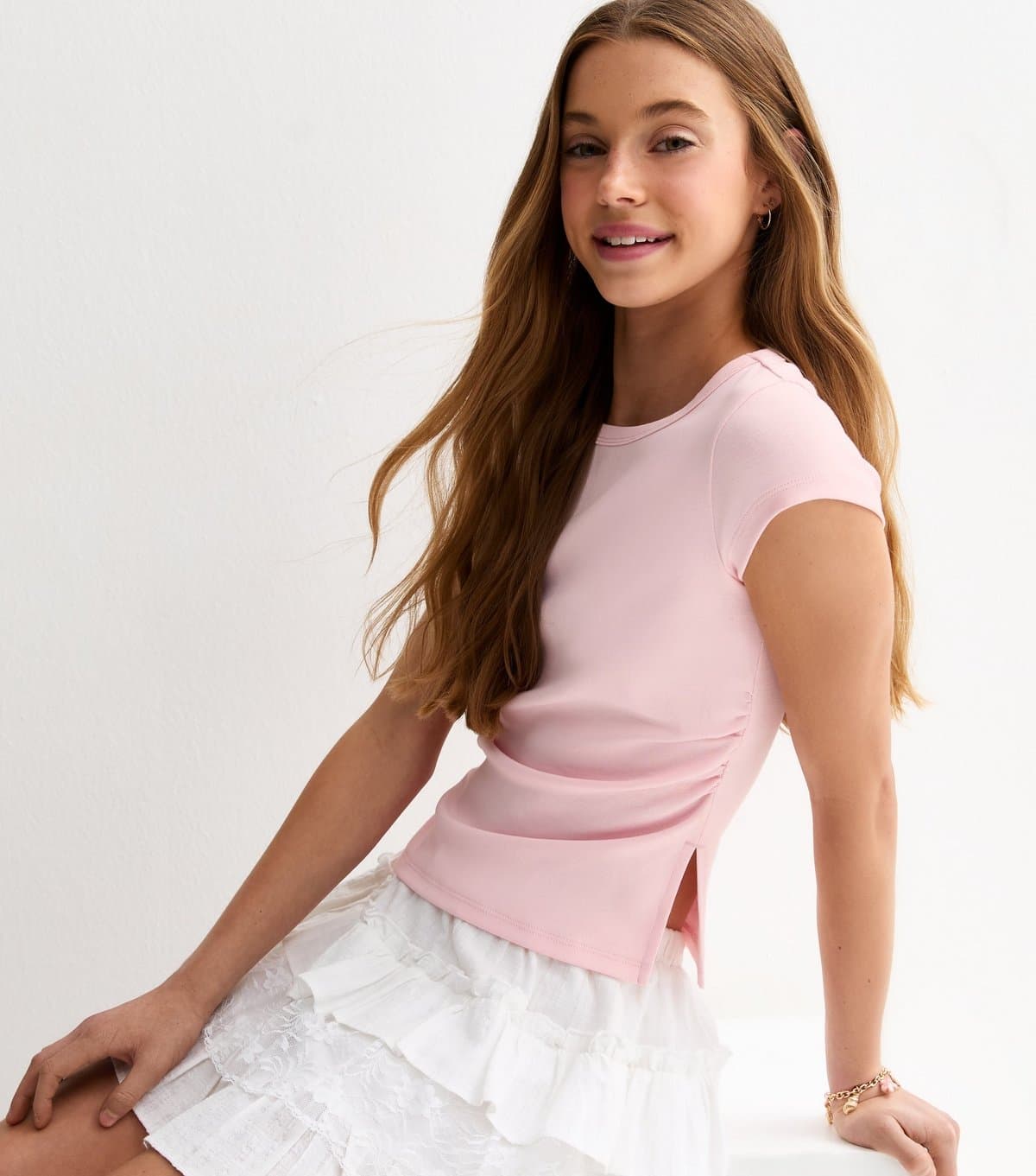 New Look Girls' Light Pink Split Side Ruched Cap Sleeve Top New Look