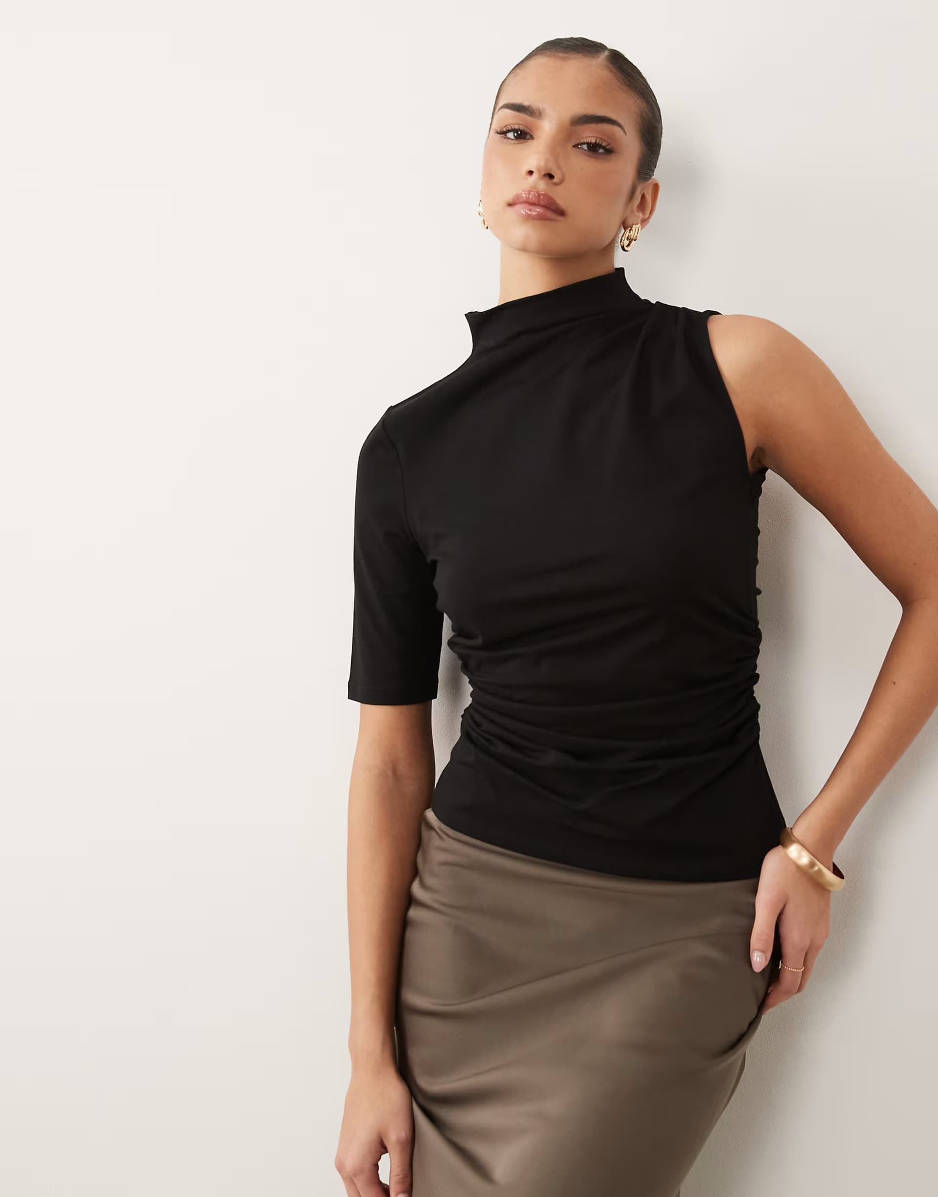 ASOS ASOS DESIGN ruched top with asymmetric sleeves in black