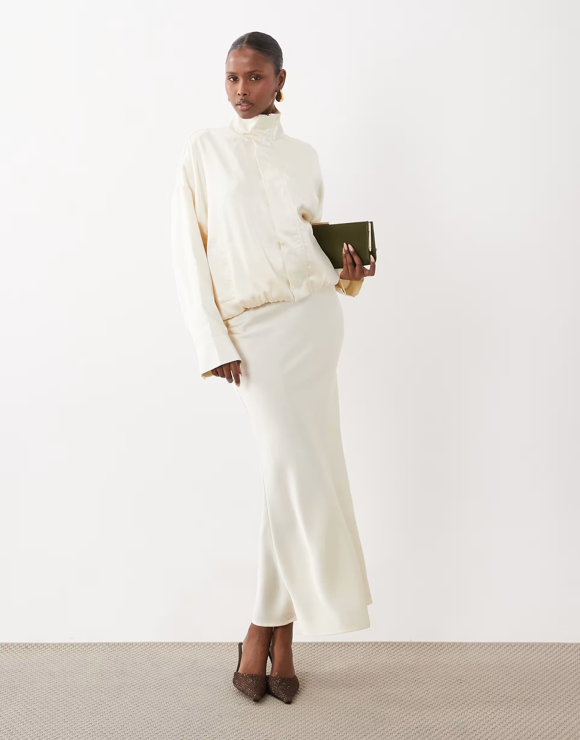 ASOS Kaiia exclusive satin bias cut maxi skirt co-ord in cream