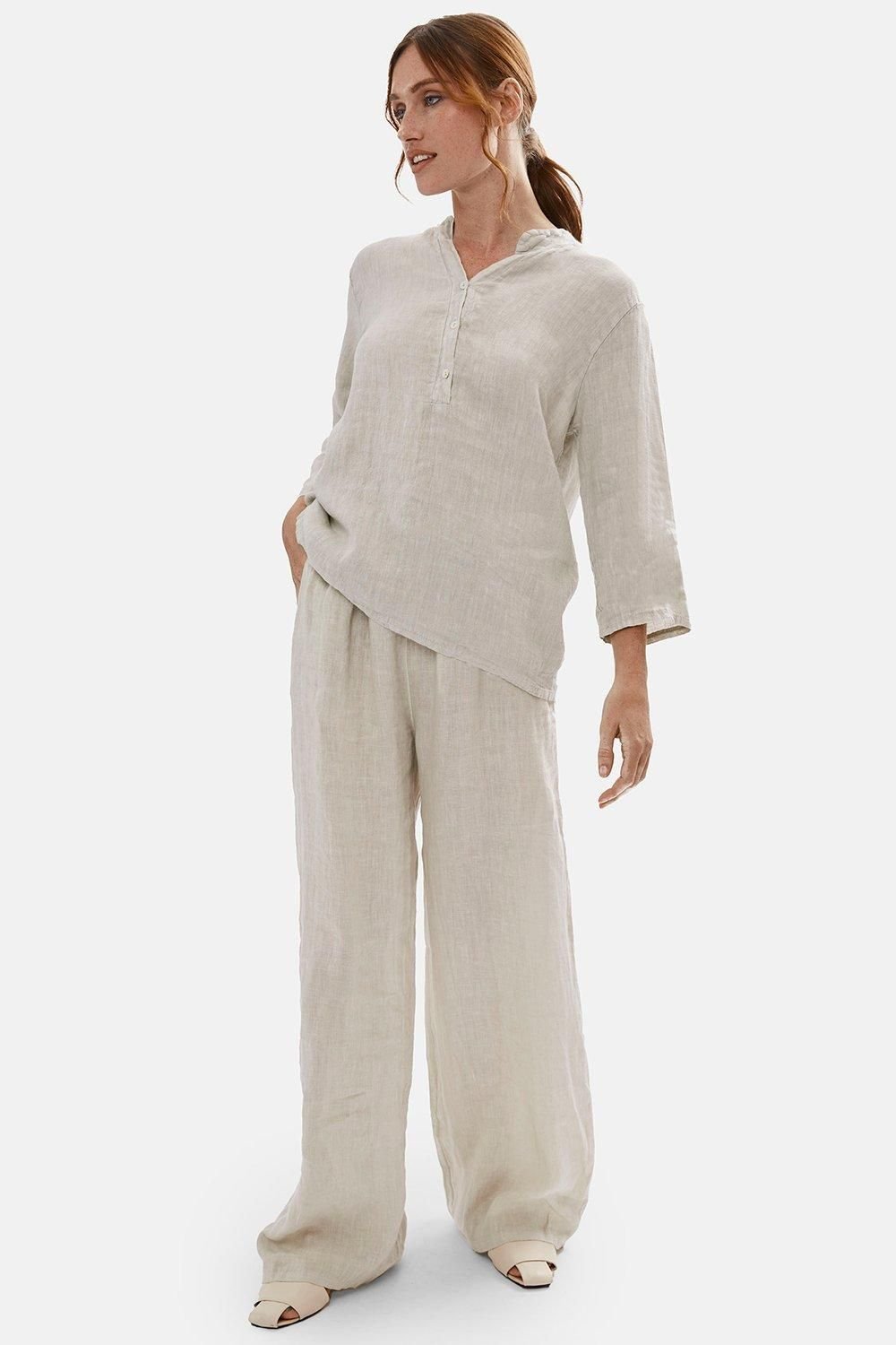 James Lakeland James Lakeland Women's Mandarin Collar Linen Top in Beige - 2