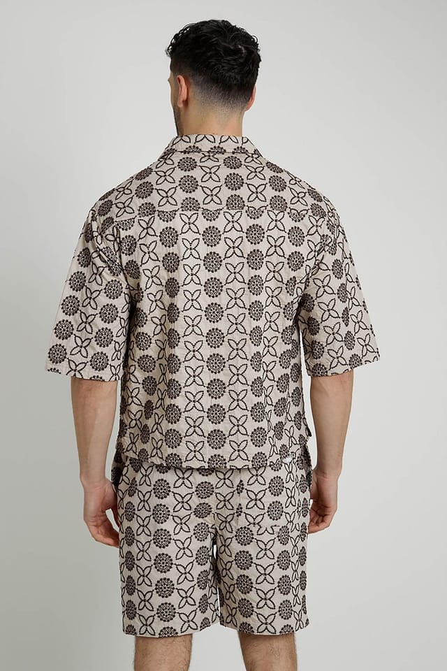 Native Youth Native Youth Men's Cotton Short Sleeve Lightweight Embroidered Relaxed Shirt in Beige - 2