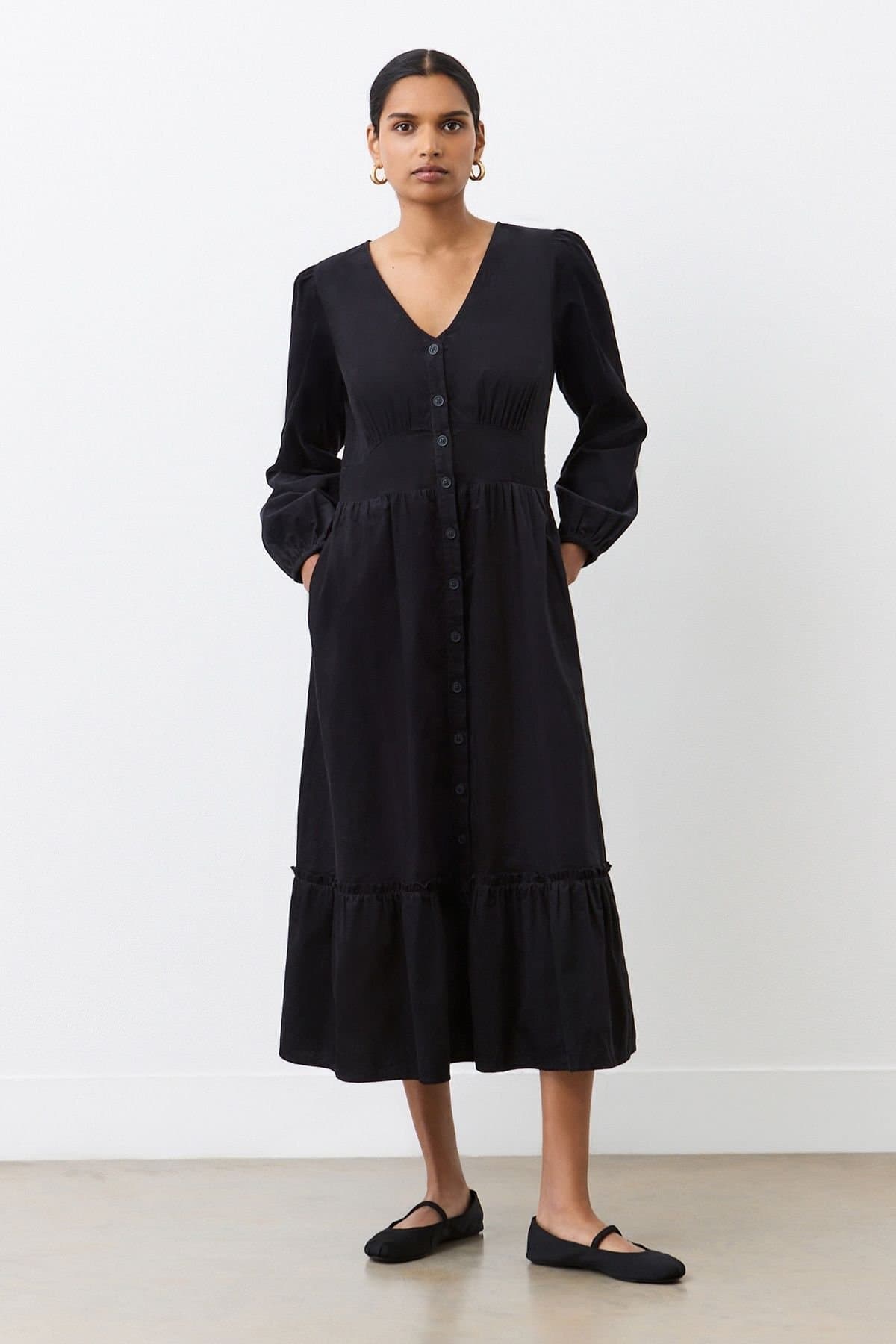 Finery London Finery London Women's Arizona Long Sleeve Corduroy Midi Dress in True Black