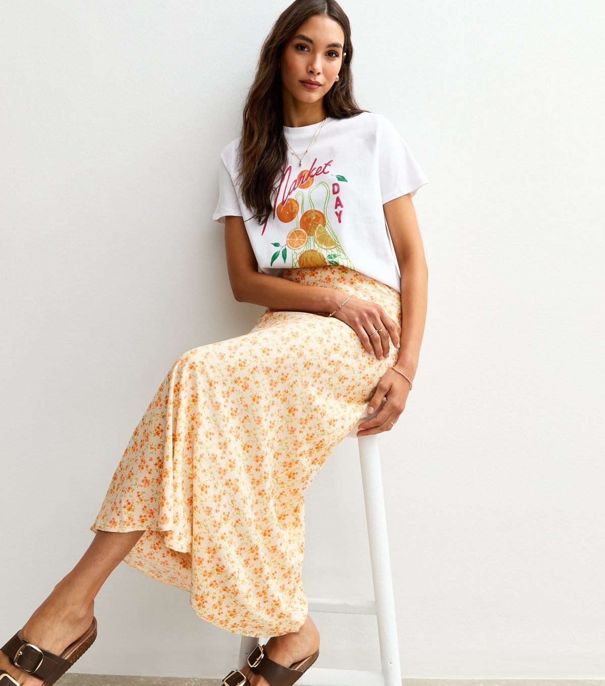 New Look White Floral Print Bias Cut Midi Skirt