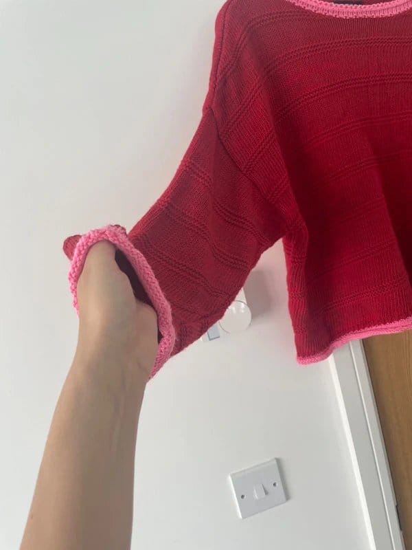 ASOS Red Pink Trim Cropped Knit Jumper UK 14