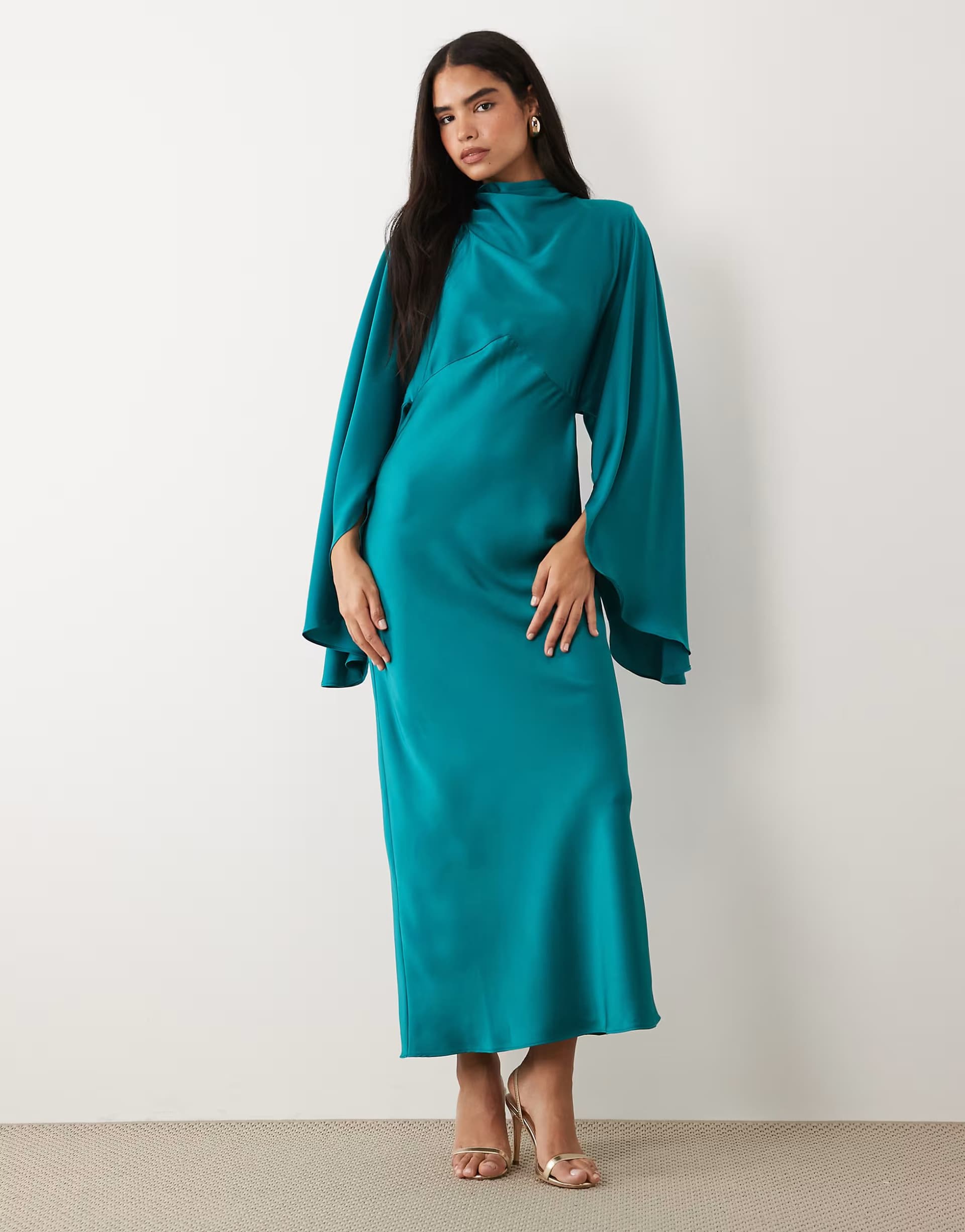 ASOS ASOS DESIGN funnel neck satin maxi dress with exaggerated sleeves in turquoise