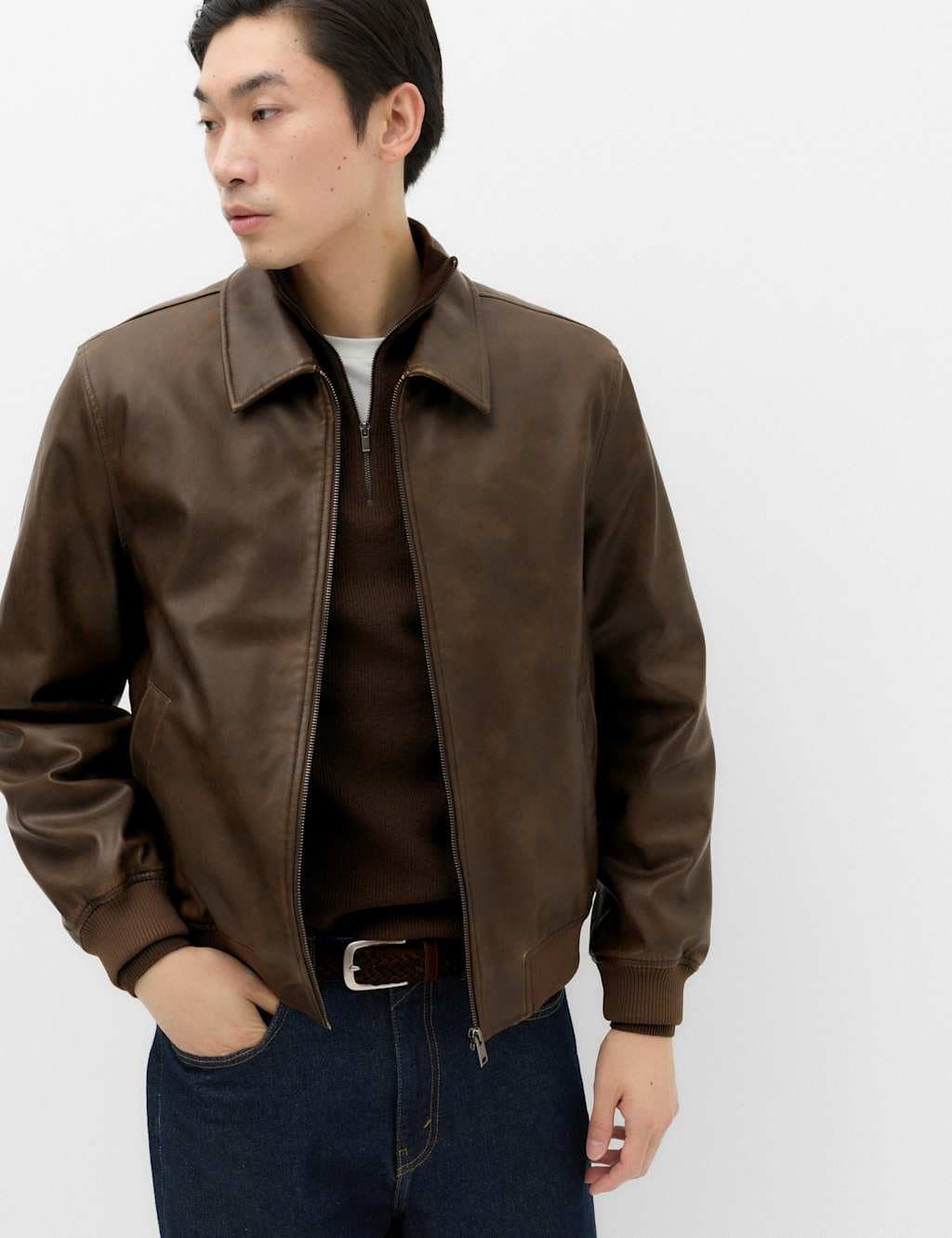 Marks & Spencer M&S Faux Leather Harrington Jacket Brown Mix