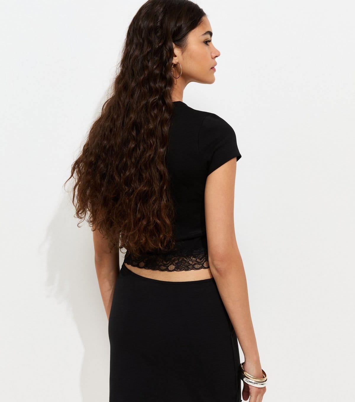 New Look Women's Black Lace Hem Baby Tee T-Shirt New Look - 4