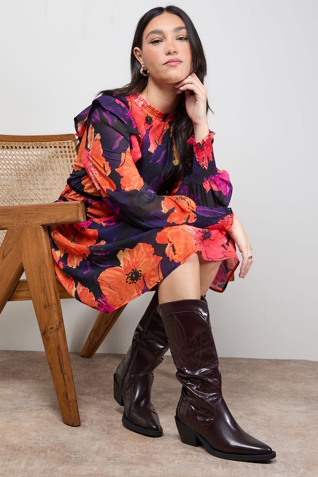 Oasis Oasis Women's Louise Faux Leather Stitch Detail Western Knee Boots in Cherry - 2