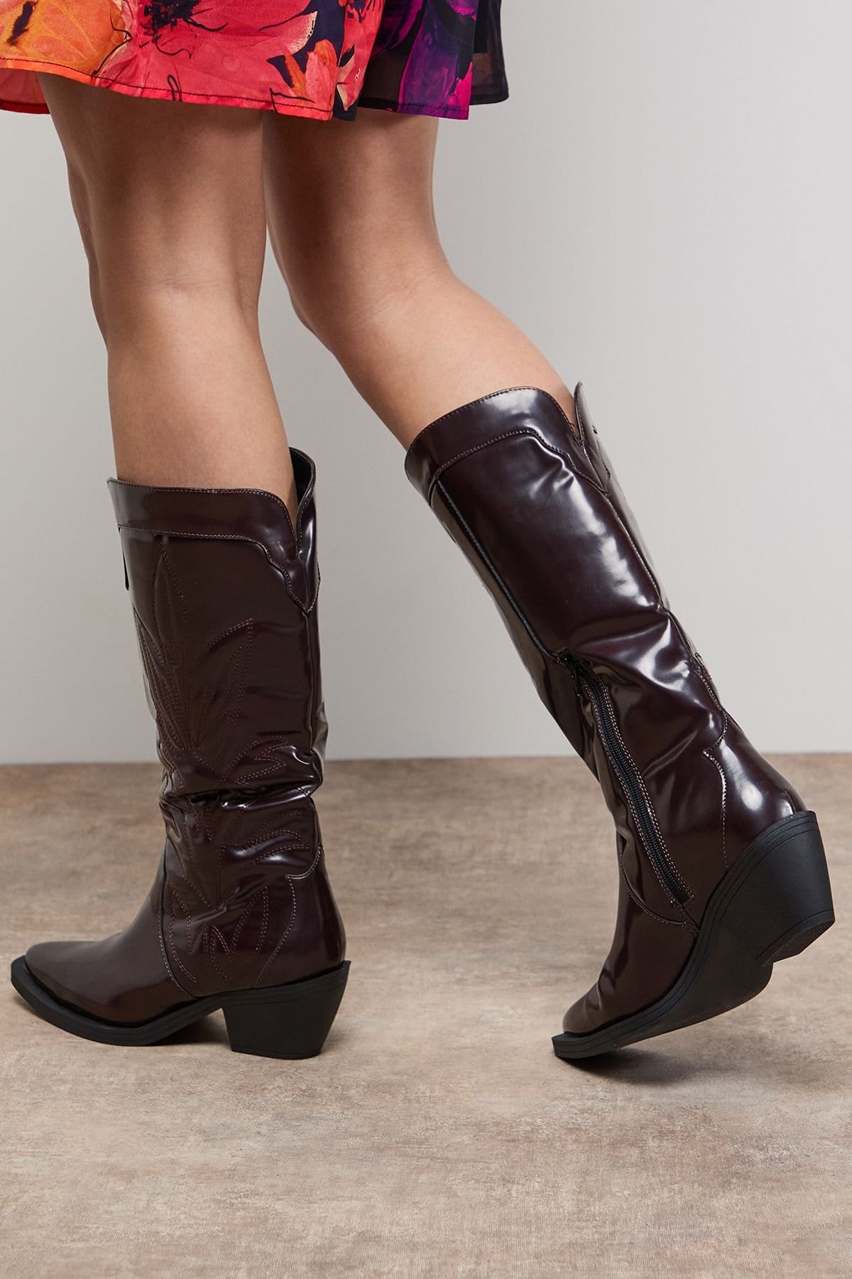 Oasis Oasis Women's Louise Faux Leather Stitch Detail Western Knee Boots in Cherry - 4