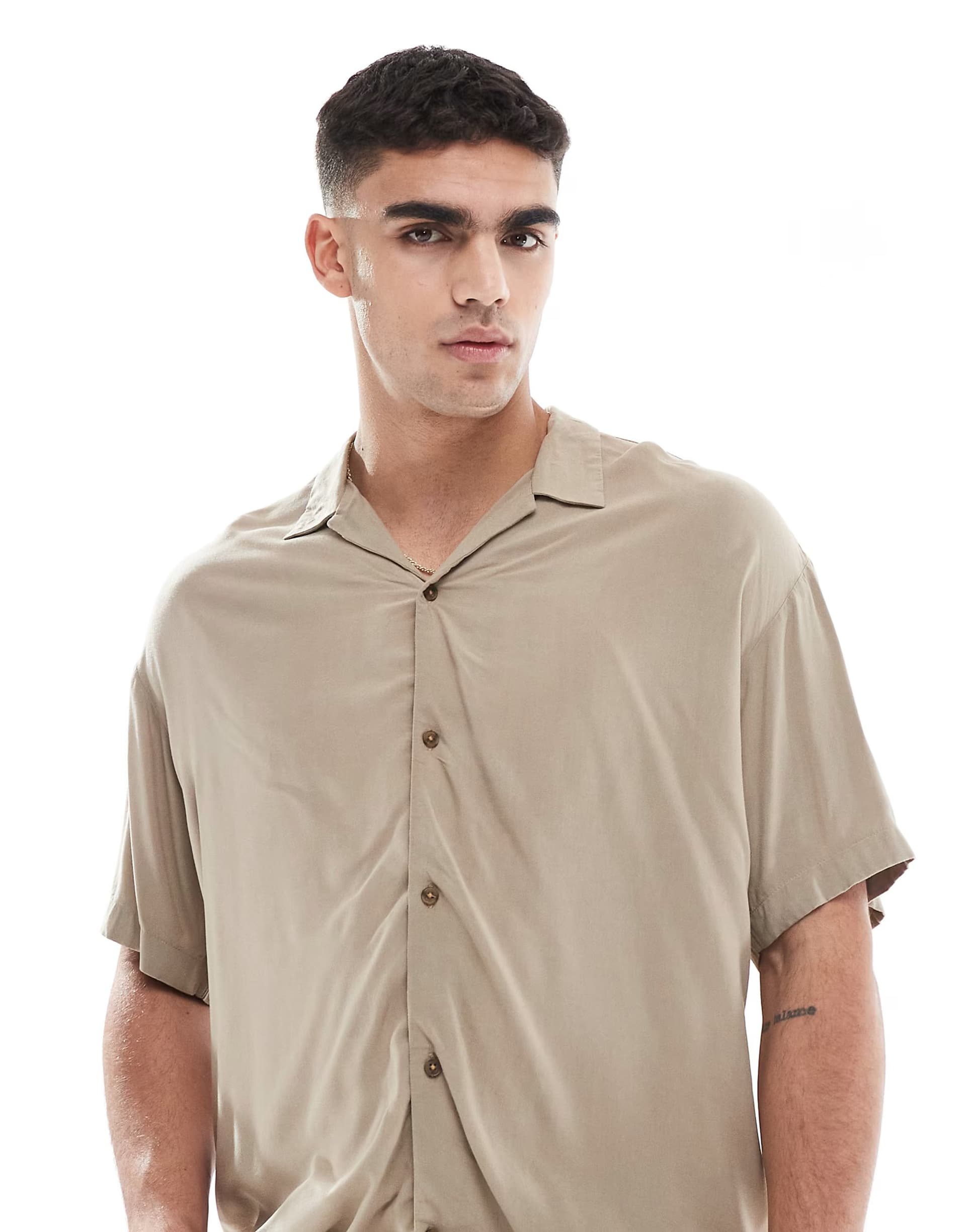 ASOS Jack & Jones revere collar short sleeve shirt in beige