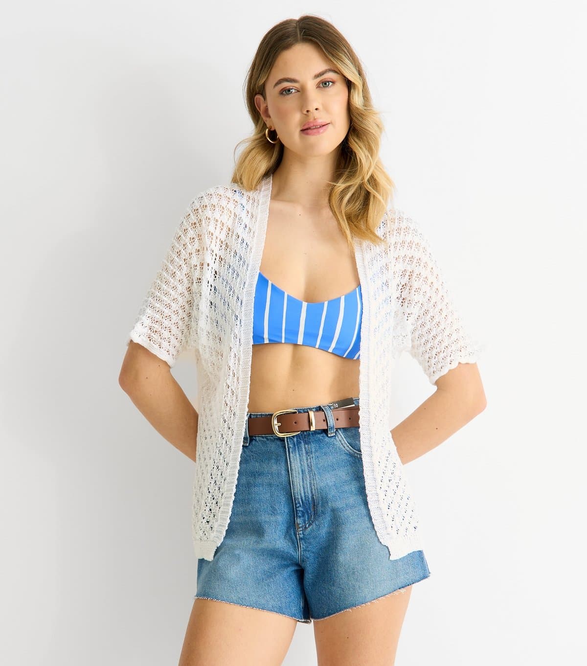 Gini London Women's White Short Sleeve Crochet Cardigan Gini London New Look