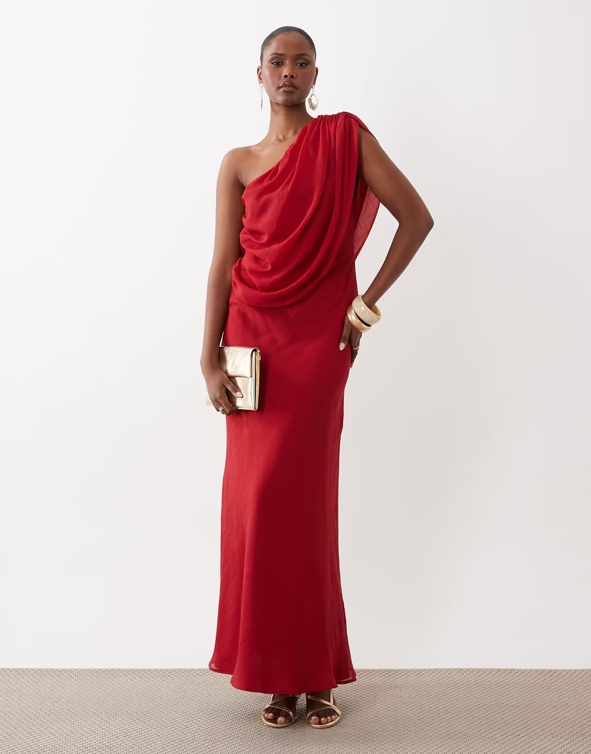 ASOS ASOS DESIGN chiffon draped shoulder maxi dress with cowl back detail in red