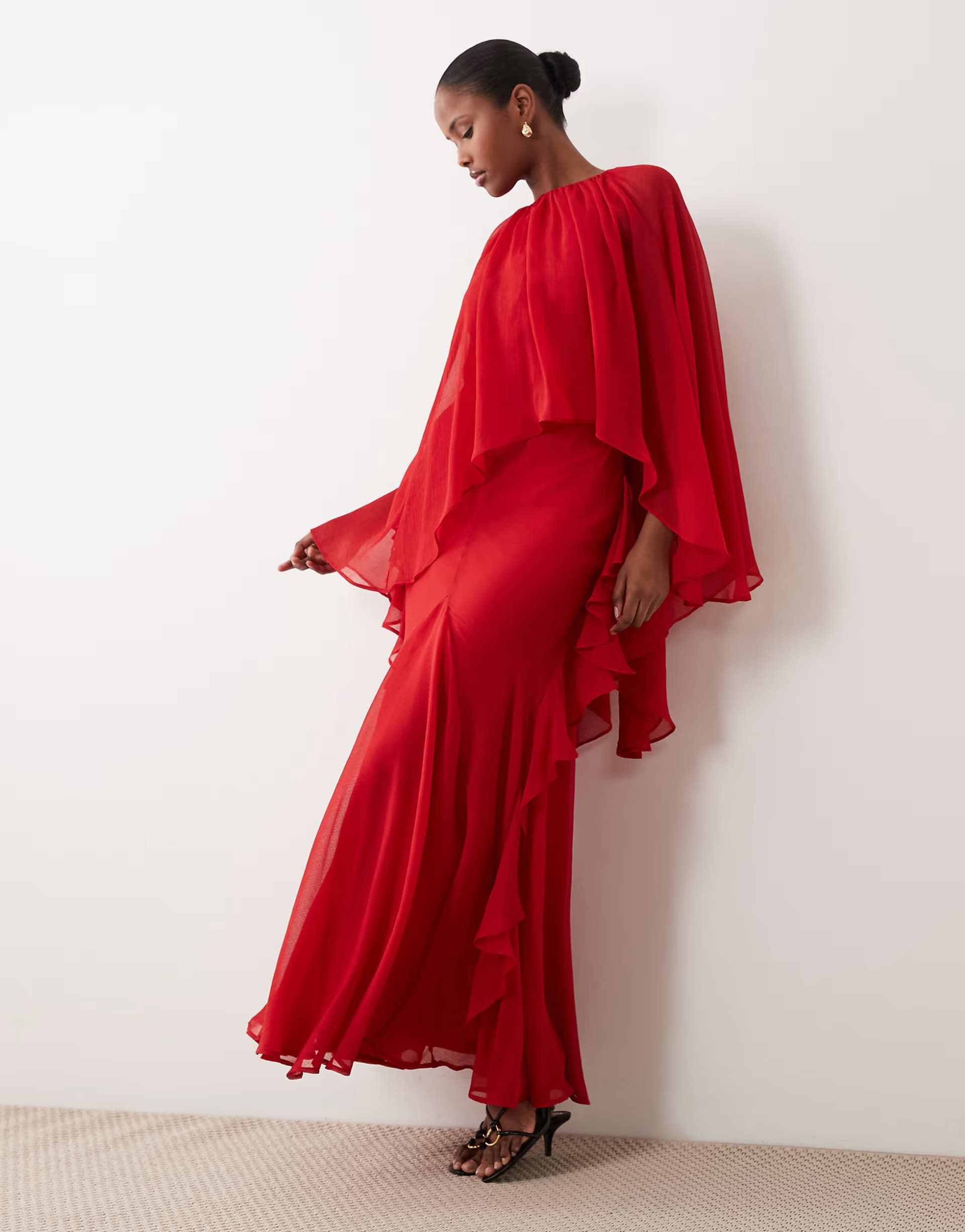 ASOS ASOS DESIGN full cape sleeve maxi dress with ruffles in red