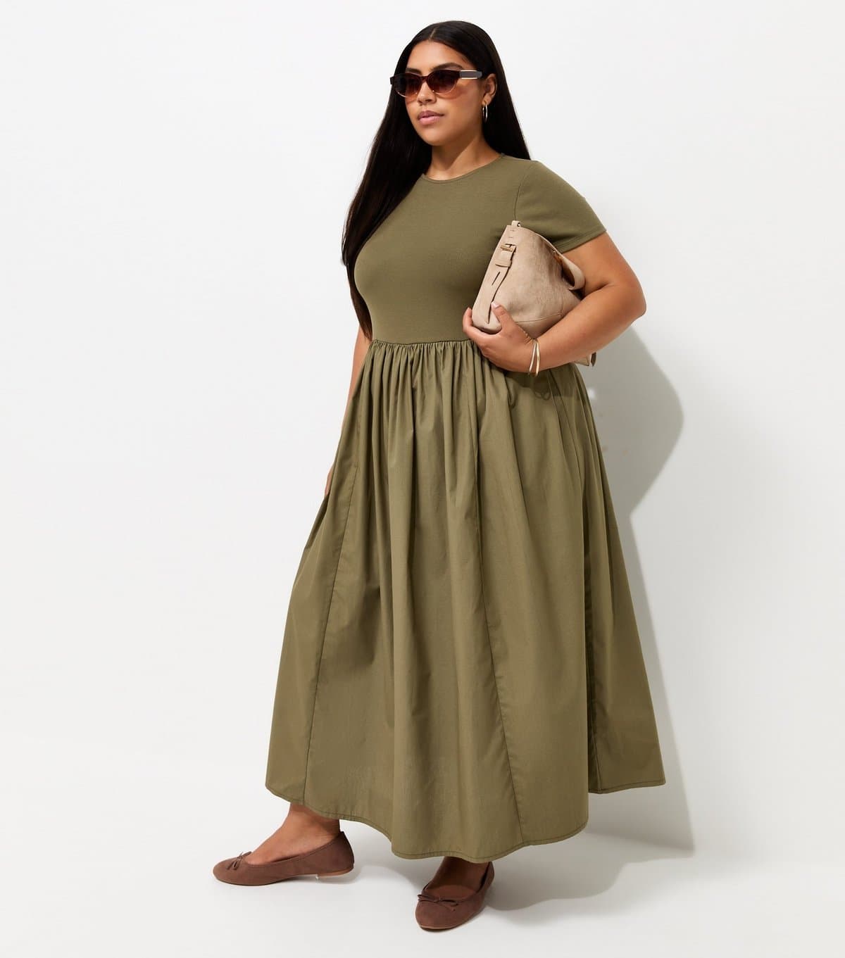 New Look Women's Plus Size Dark Khaki Cotton Rich Drop Waist Short Sleeve Midi Dress Curves New Look