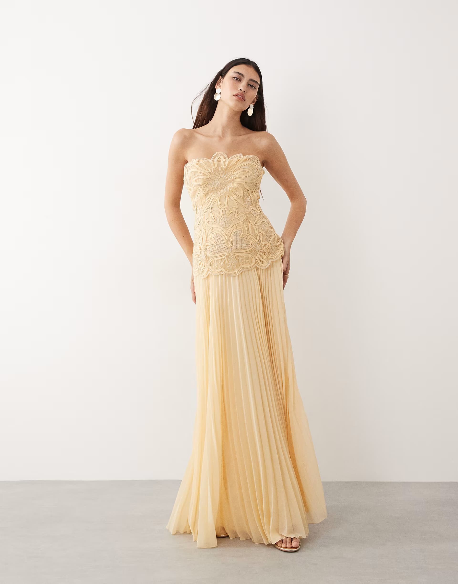 ASOS ARRANGE abstract cutwork bandeau maxi dress with pleat skirt in buttermilk