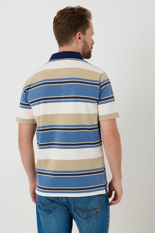 Saltwell Saltwell Men's Stripe Short Sleeve Cotton Polo Shirt in Blue - 2