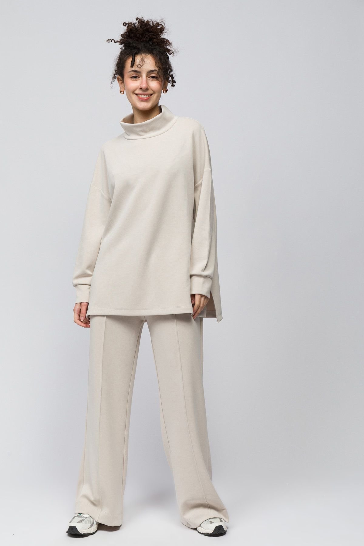 Dexia Dexia Women's Structured Modal Blend Funnel Neck Sweatshirt in Stone - 2