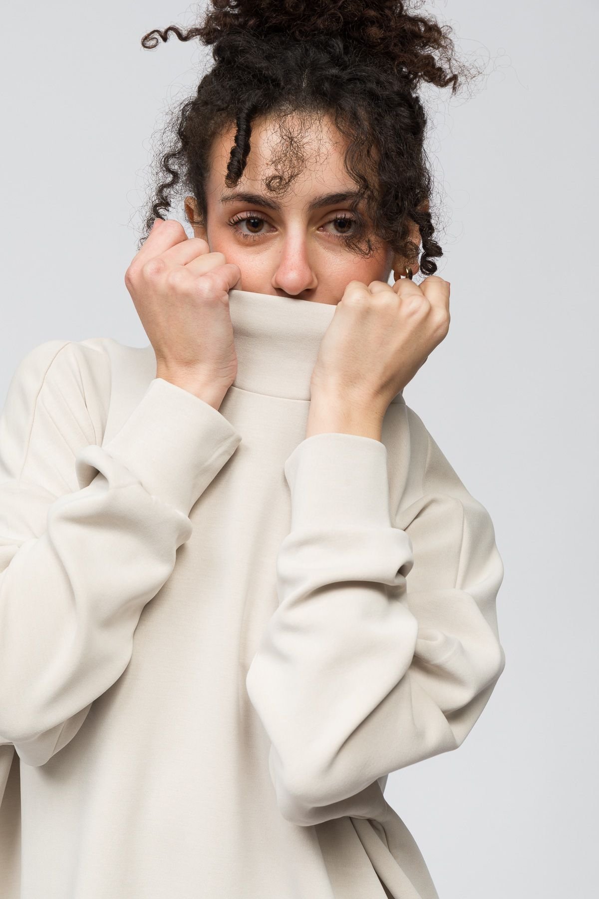 Dexia Dexia Women's Structured Modal Blend Funnel Neck Sweatshirt in Stone - 3