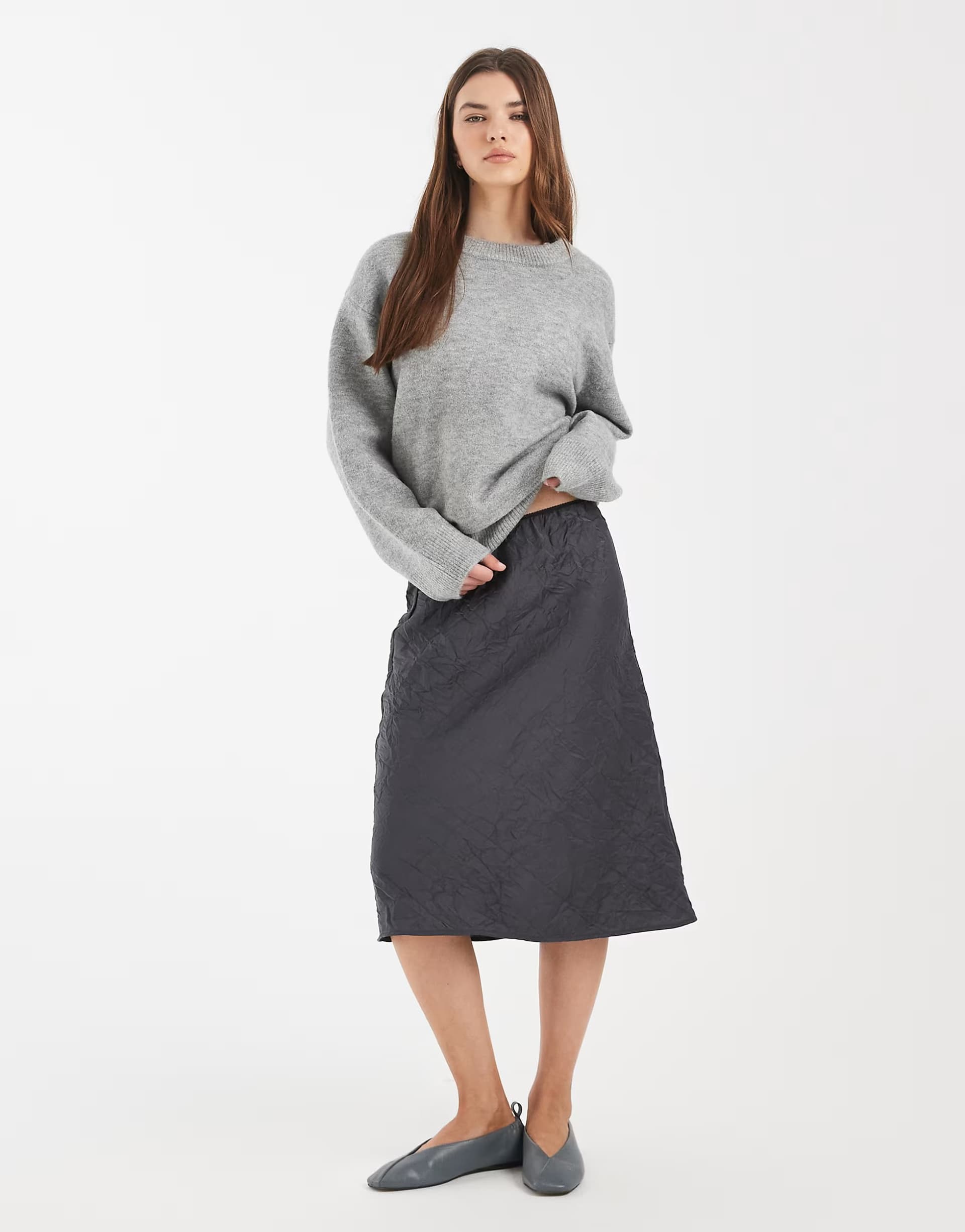 ASOS ASOS Crushed Satin Midi Skirt in Charcoal