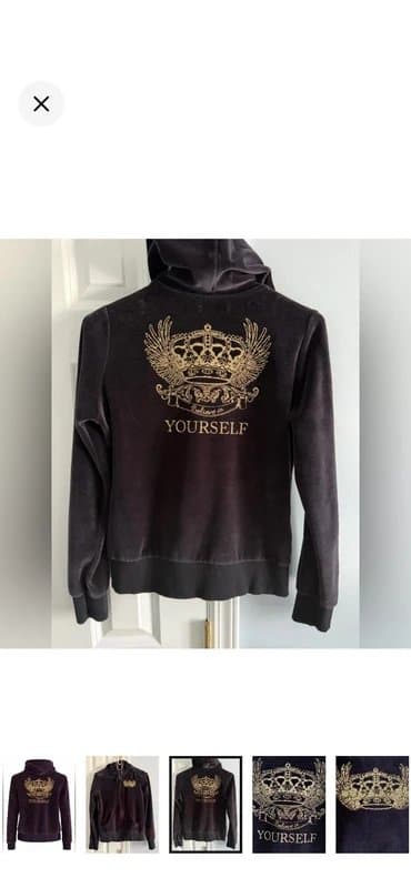 Bershka Black Velour Zip Hoodie Gold Crown Y2K Size M
