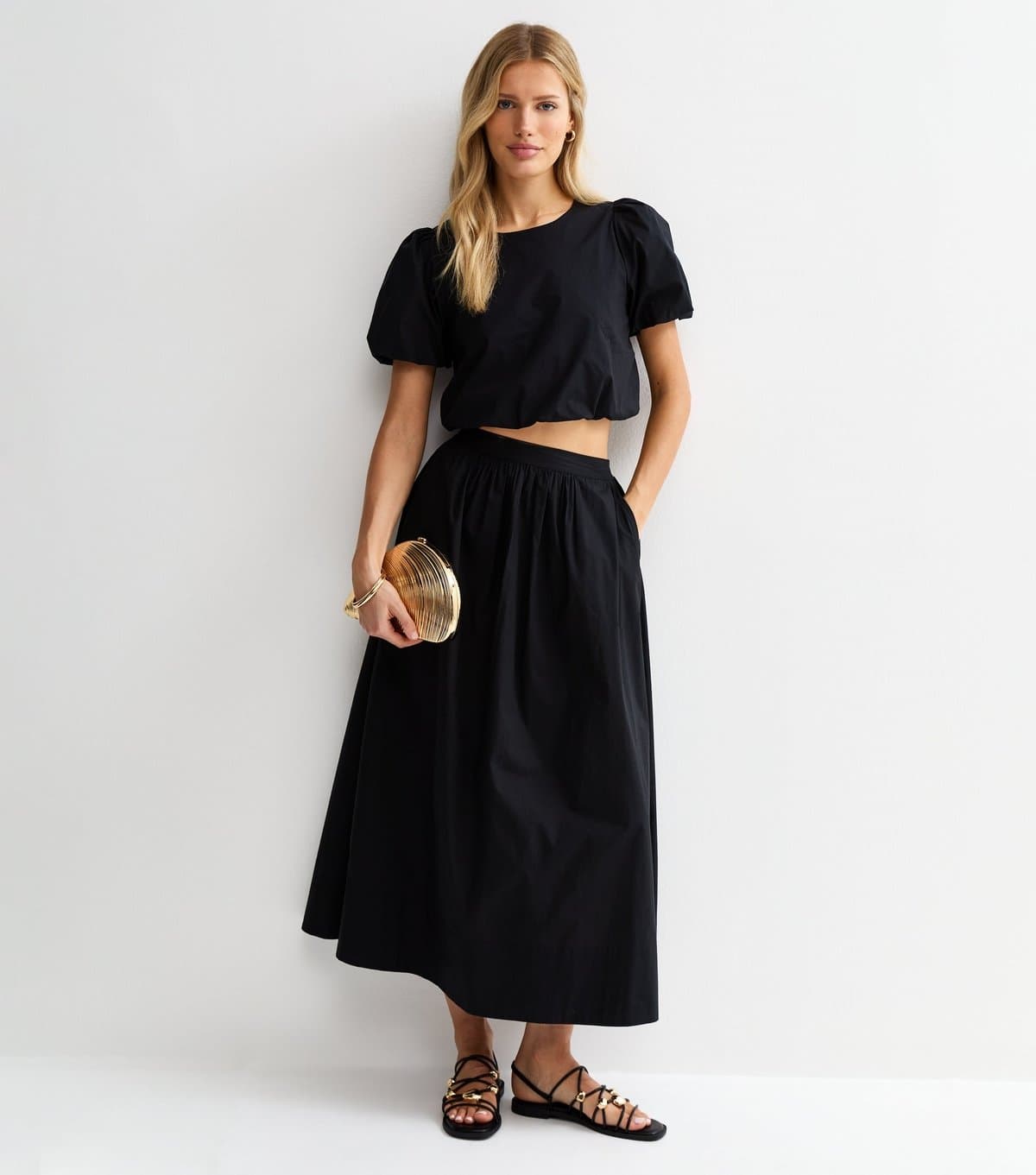 New Look Women's Black Cotton Poplin Circle Midi Skirt New Look