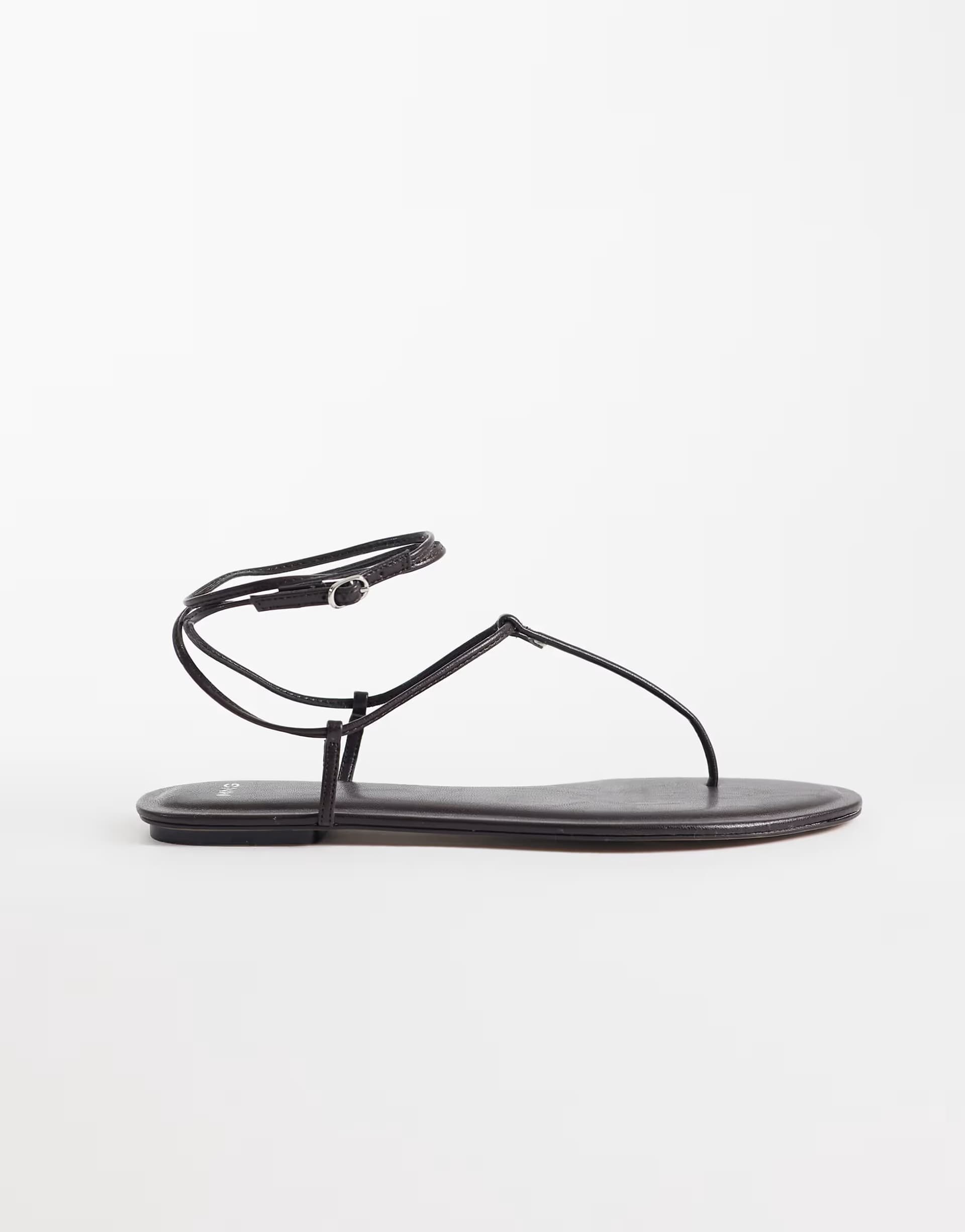 ASOS Mango faux leather minimal ankle tie flat sandal in chocolate