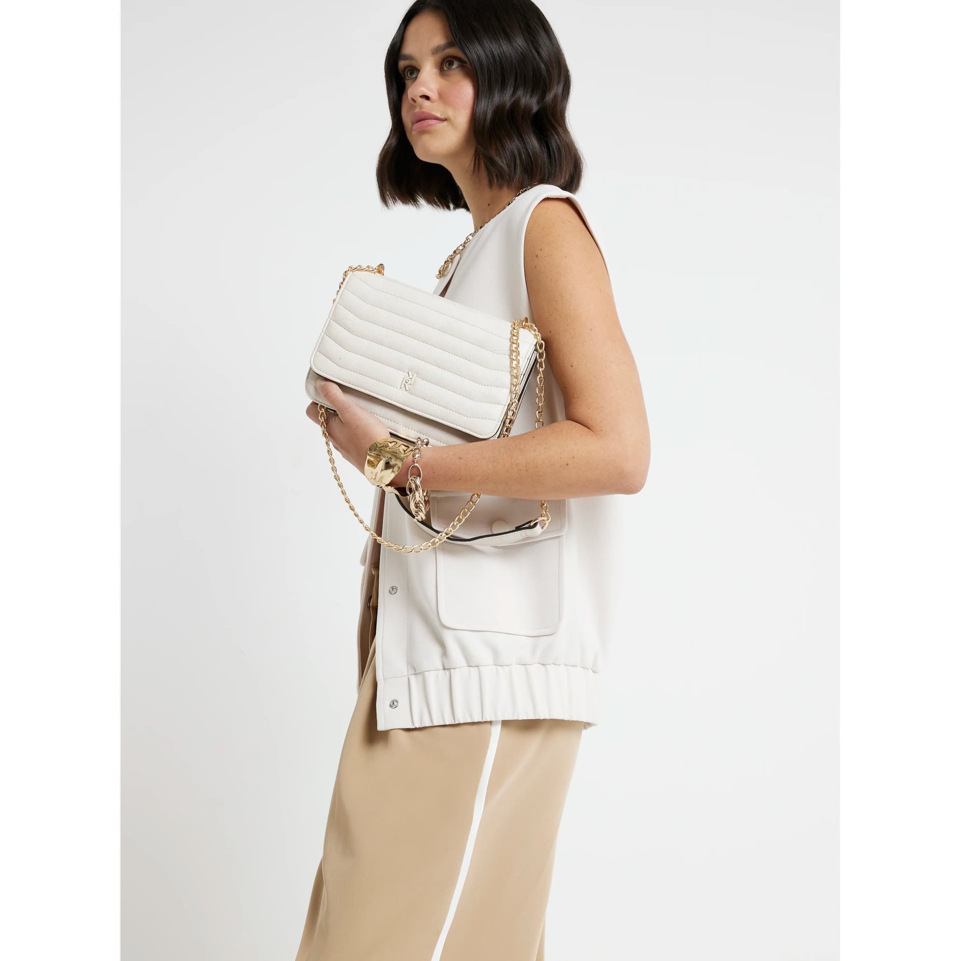 River Island River Island Womens Cream Quilted Chain Shoulder Bag