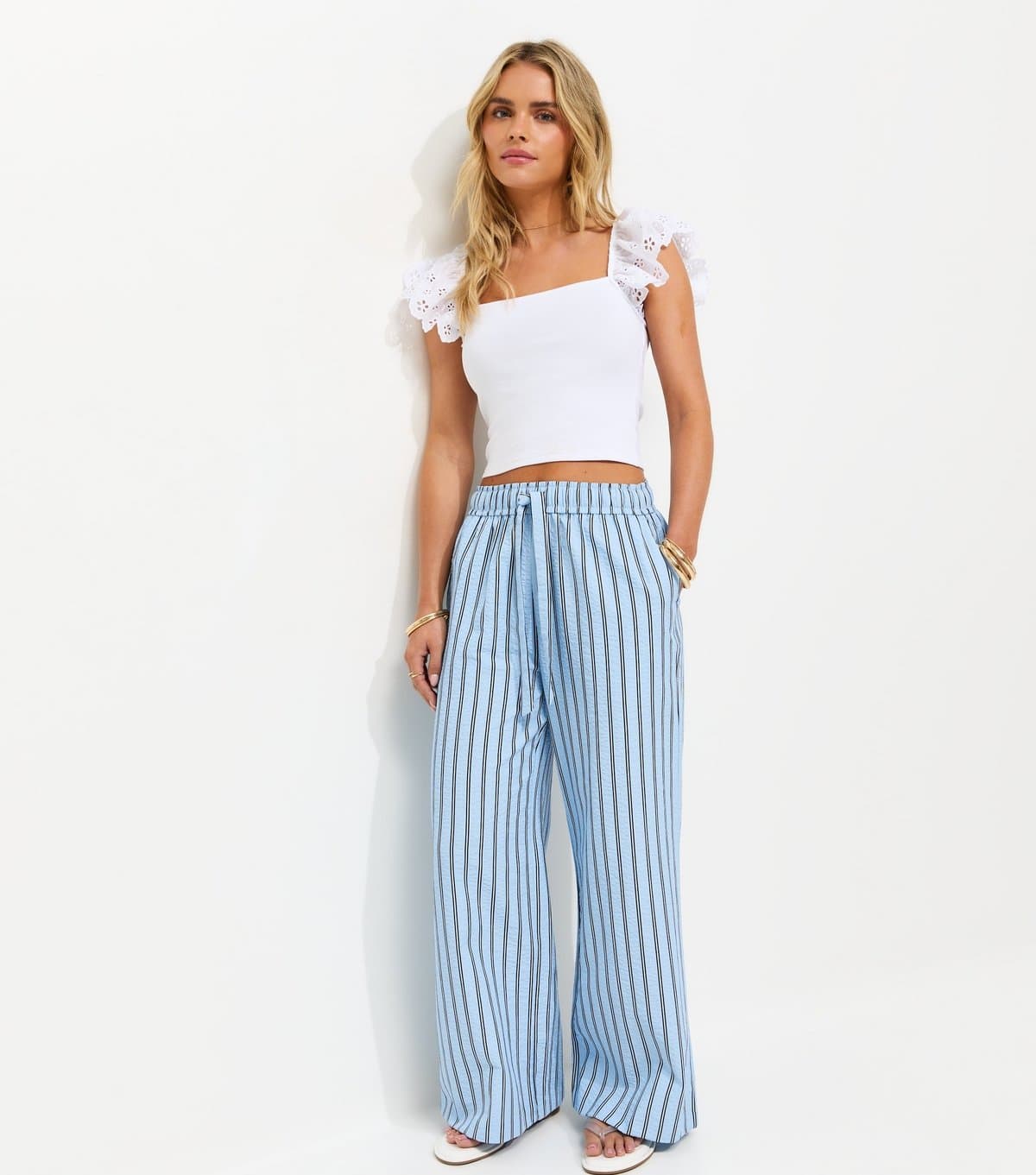 New Look Women's Petite Blue Seersucker Wide Leg Trousers New Look