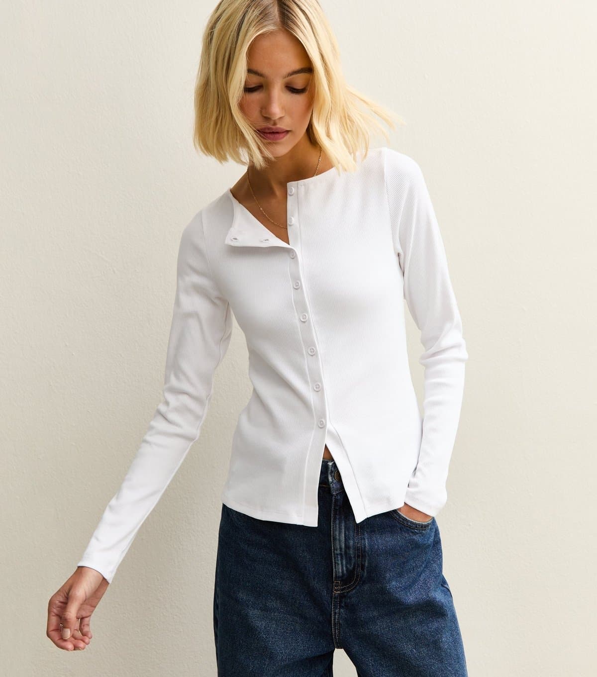 New Look Women's White Ribbed Button Through Long Sleeve Top New Look