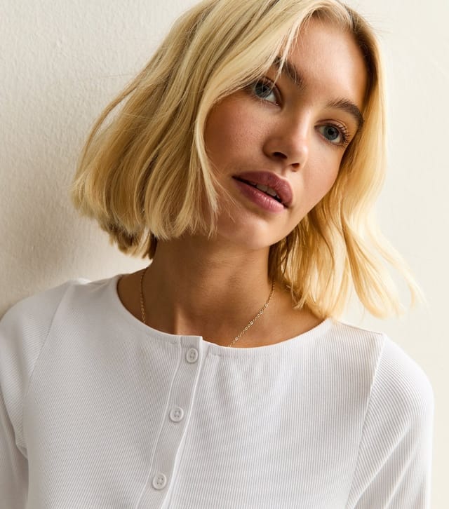 New Look Women's White Ribbed Button Through Long Sleeve Top New Look - 3