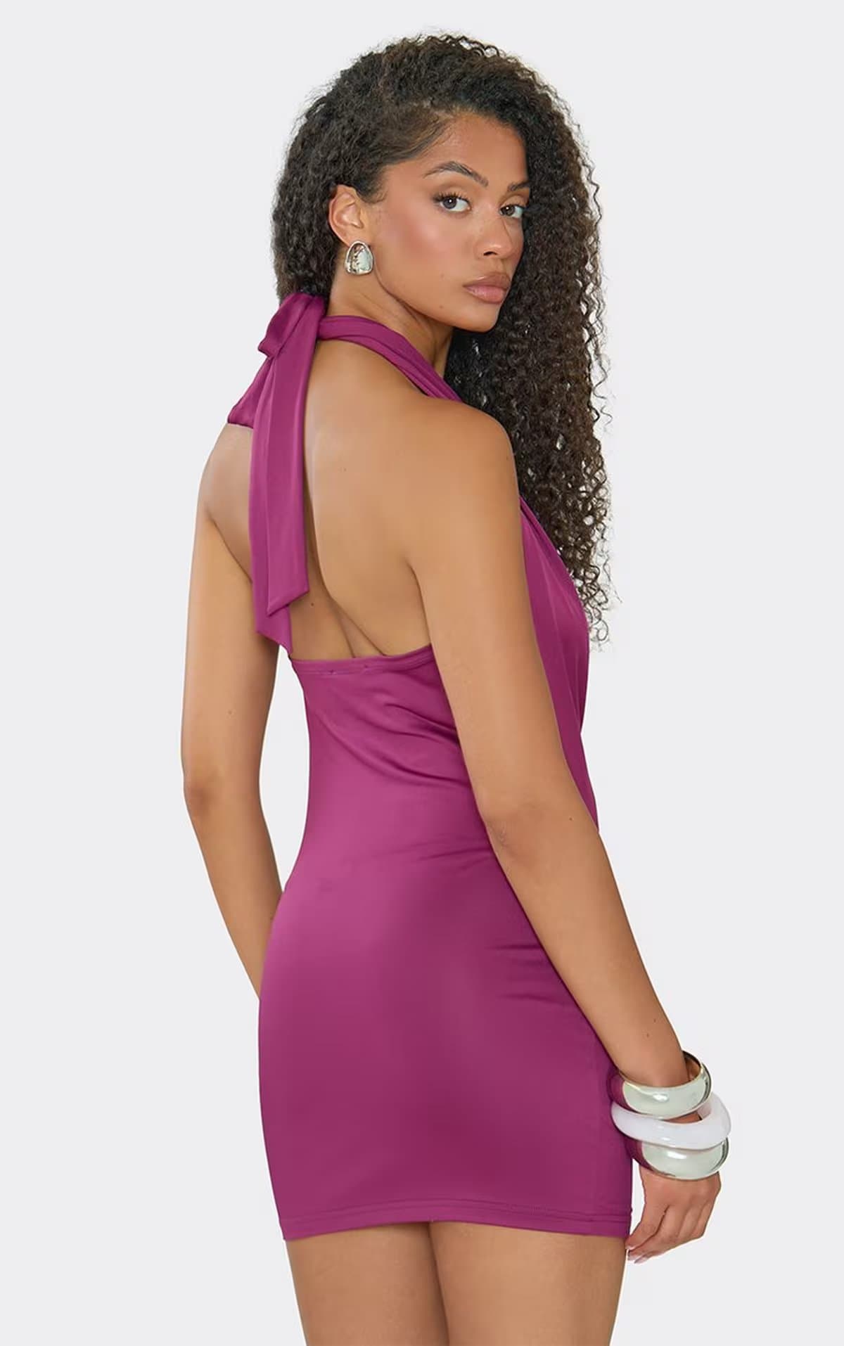 EGO Cowl Halterneck Wrap Front Mini Dress In Purple., Women's Size UK 6