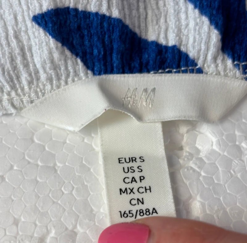 H&M UK 8-10 H&M Blue White Palm Print Shirred Midi Dress Stretch Strappy Summer Beach Holiday - 1