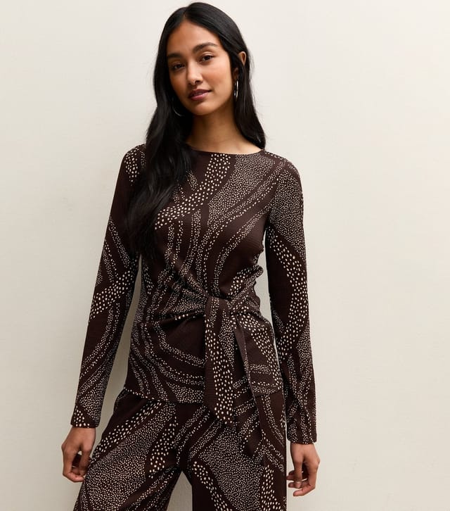 New Look Women's Brown Swirly Tie Front Long Sleeve Top New Look - 2