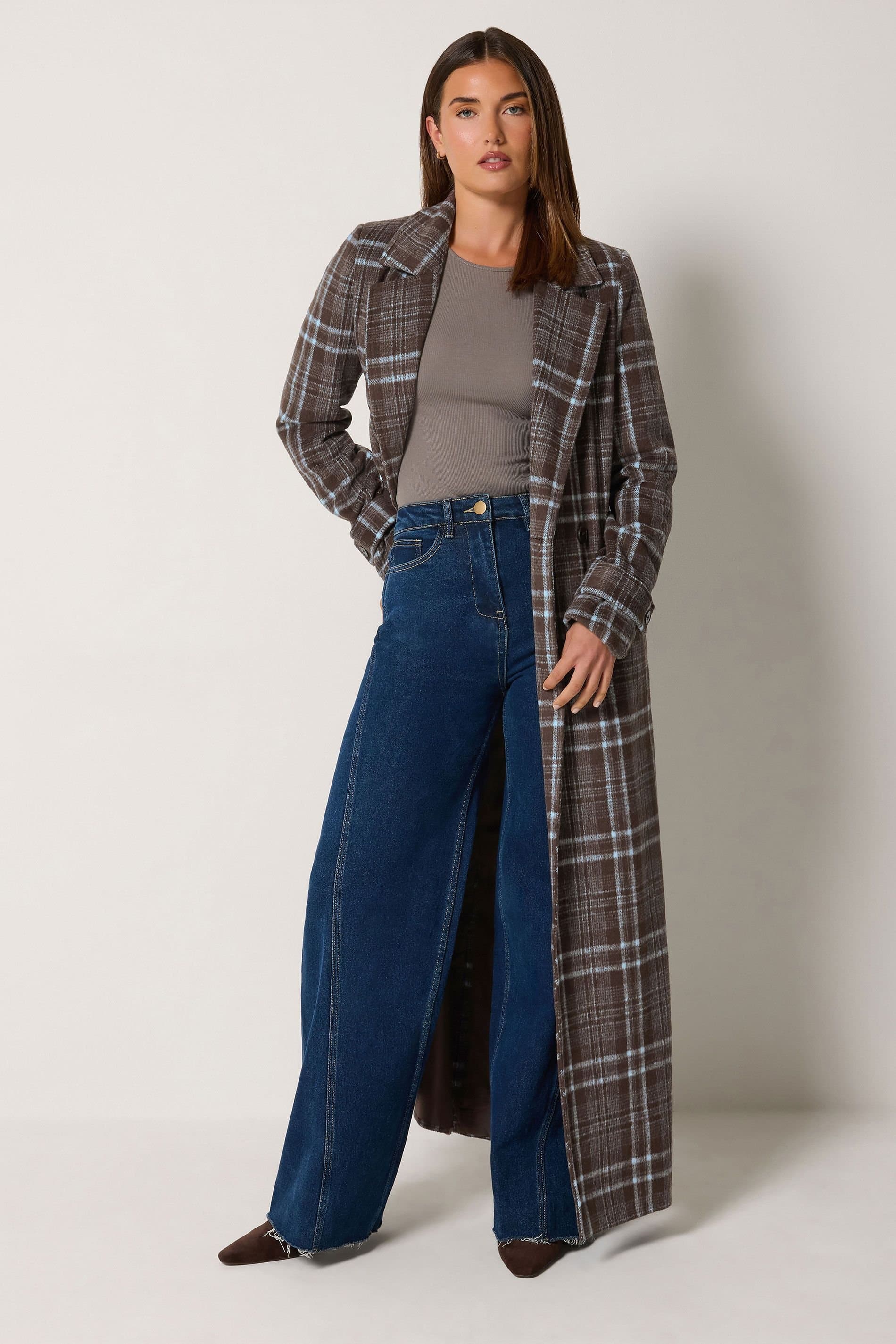 Long Tall Sally Long Tall Sally Women's Tall Check Maxi Coat in Brown