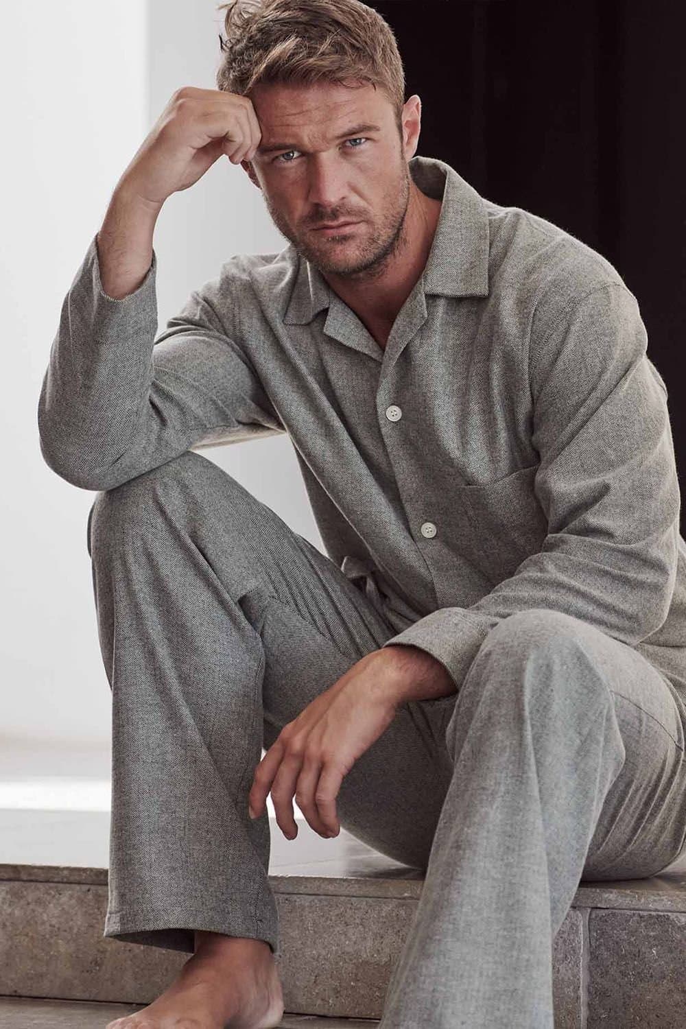 British Boxers British Boxers Men's 'Whitby Jet' Herringbone Brushed Cotton Pyjama Set in Dark Grey