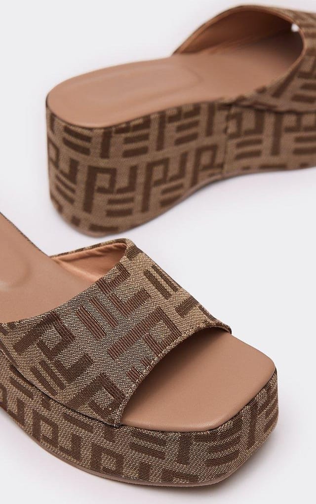 EGO Astra Printed Logo Detail Peep Toe Platform Wedge Heel In Brown Woven, Women's Size UK 3 - 2