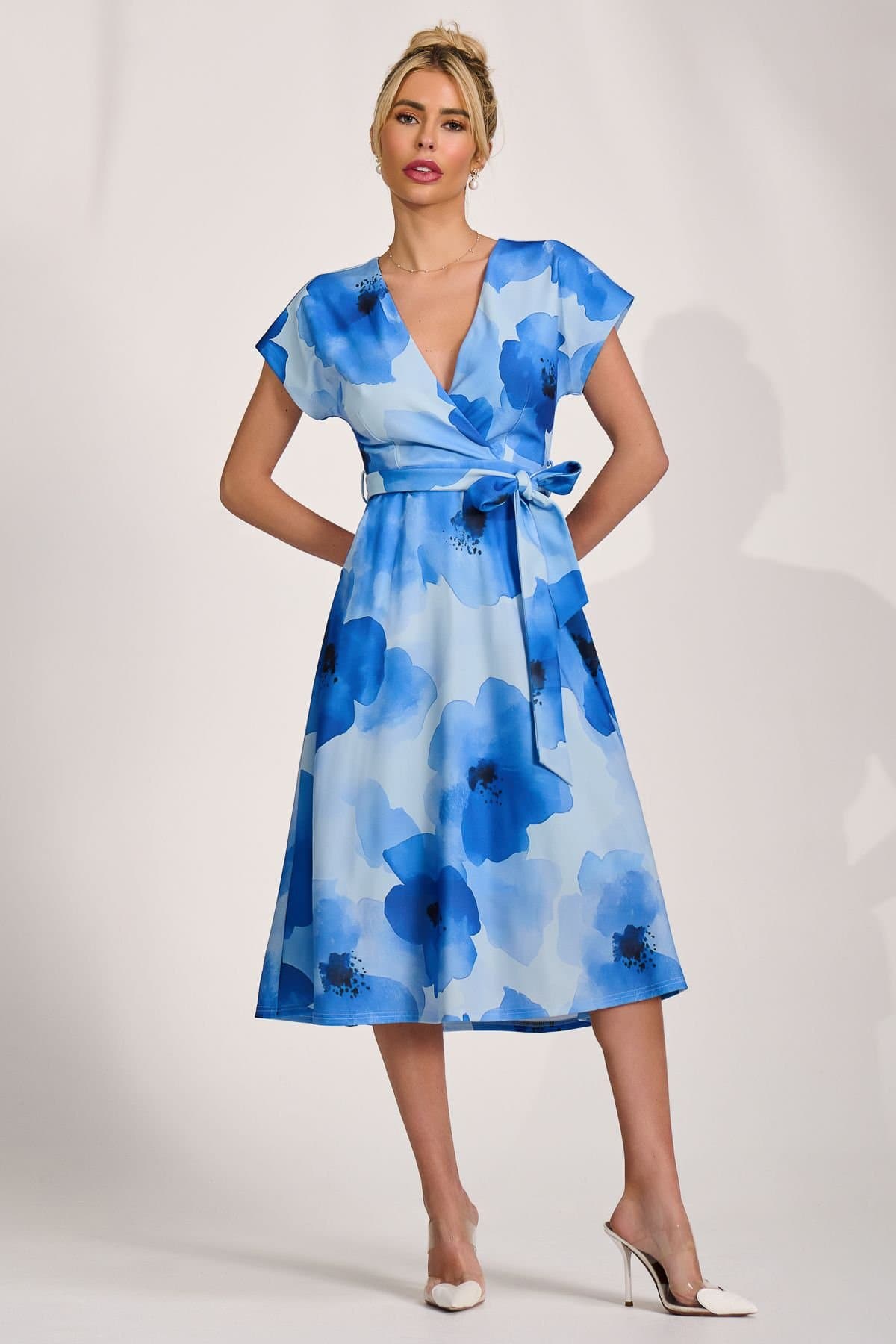 Jolie Moi Jolie Moi Women's Kimono Sleeve Print Scuba Midi Dress in Mid Blue