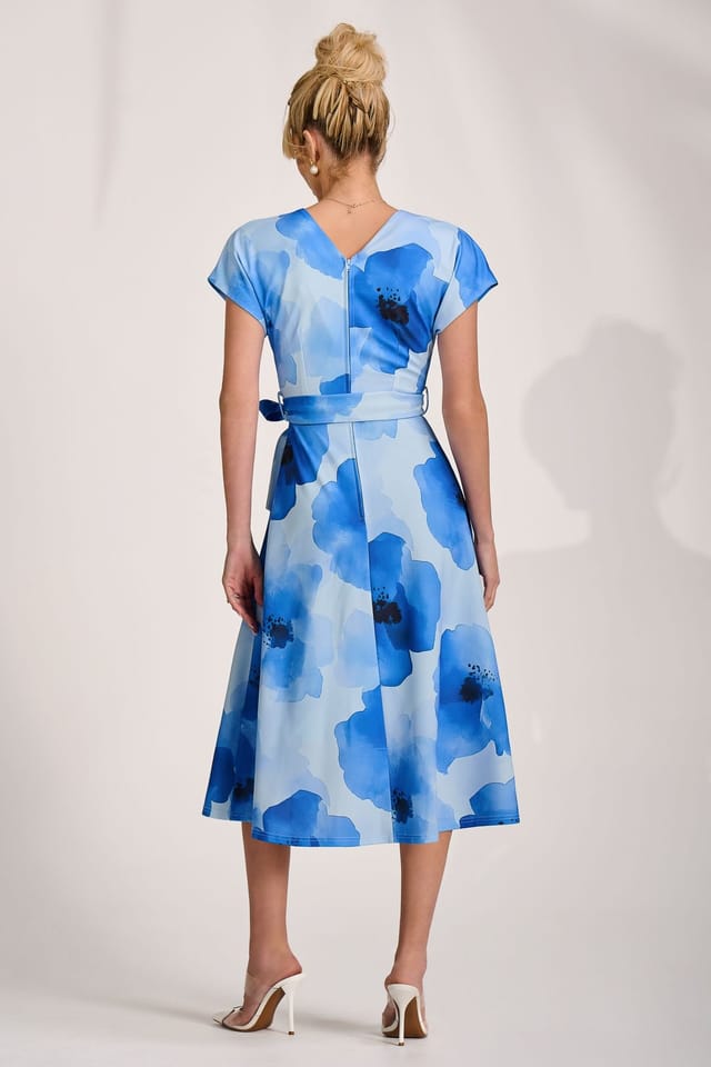 Jolie Moi Jolie Moi Women's Kimono Sleeve Print Scuba Midi Dress in Mid Blue - 2