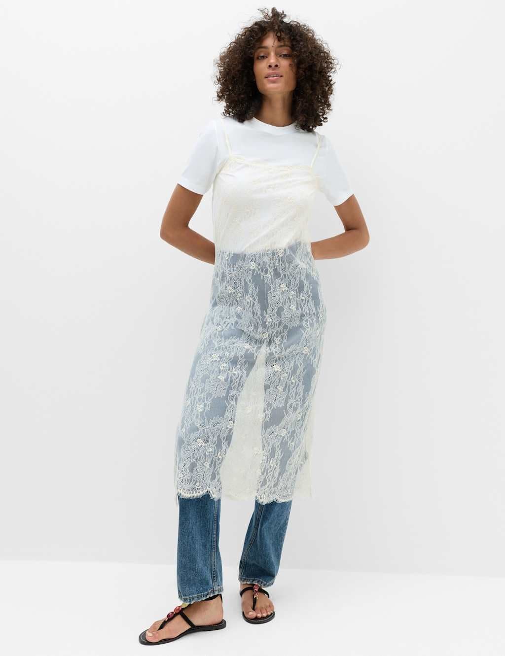 Marks & Spencer M&S Cotton Blend Lace Midi Cami Dress Ivory