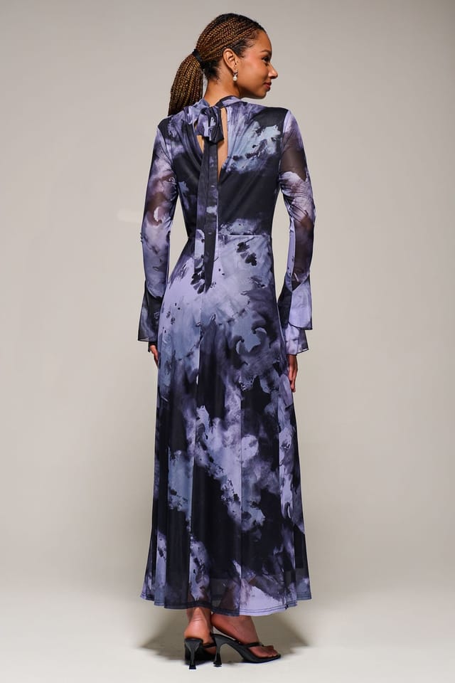 Jolie Moi Jolie Moi Women's Ruffle Long Sleeve Mesh Maxi Dress in Purple - 2