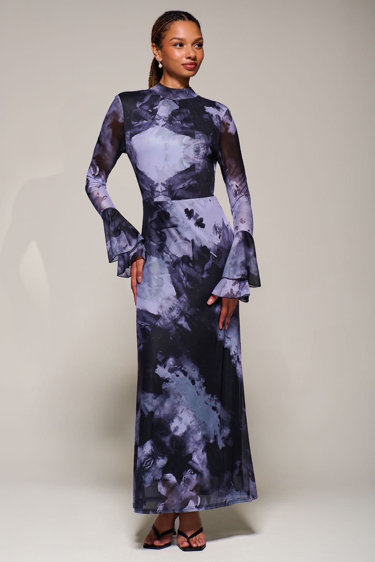 Jolie Moi Jolie Moi Women's Ruffle Long Sleeve Mesh Maxi Dress in Purple - 4
