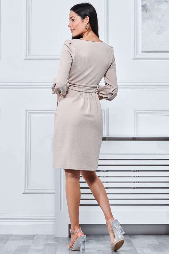 Jolie Moi Jolie Moi Women's Bell Sleeve Boat Neck Dress in Beige - 2