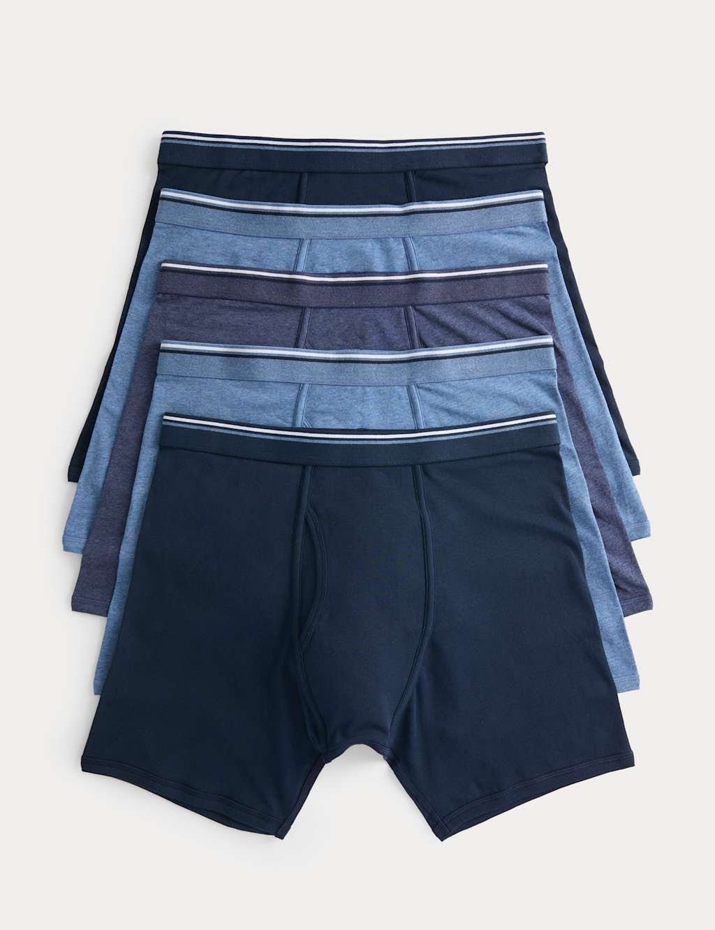 M&S Blue Mix Cotton Stretch Longer Length Trunks 5 Pack